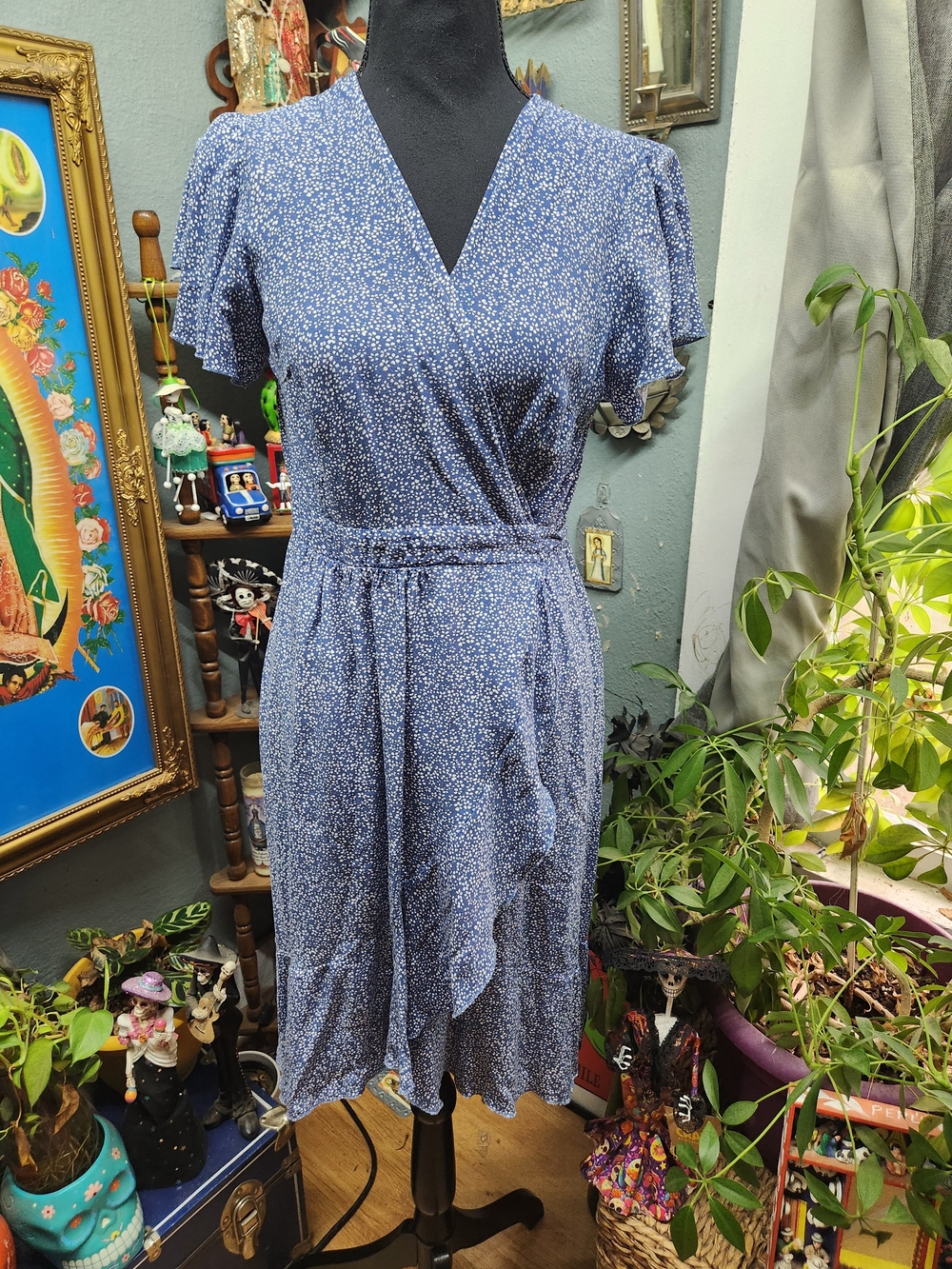 Blue Floral Wrap Midi Dress with Tie Waist